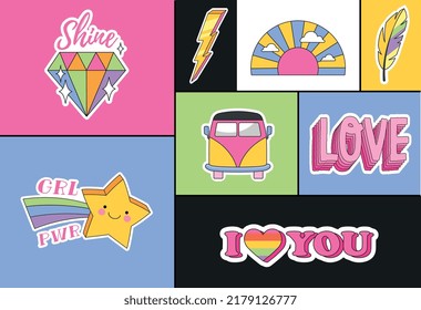 Conjunto de pegatinas retro. Colección de elementos gráficos antiguos en estilo hippie. Estrella, camioneta, relámpago e inscripciones brillantes. Positivo. Ilustraciones de caricaturas de vectores planos aisladas en fondo colorido