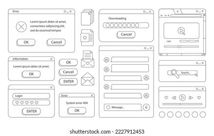 Set of retro stickers. Doodle style. Old desktop user interface elements. Cute nostalgic computer ui, vintage aesthetic icons and windows vector set. stock stylish graphics. Coloring book for children