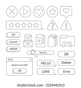 Set of retro stickers. Doodle style. Old desktop user interface elements. Cute nostalgic computer ui, vintage aesthetic icons and windows vector set. stock stylish graphics. Coloring book for children