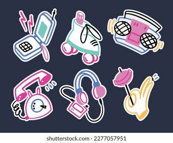 A set of retro stickers in a simple outline flat cartoon style. Rollerblades, an old phone, big earbuds, a hand with a lollipop.