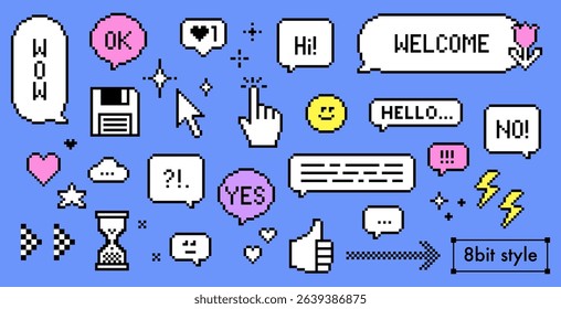A set of retro stickers, speech bubble messages and icons in pixel art style. 8bit emoji. Y2k dialogue balloon with text Welcome, Hello for social media. Game abstract elements on blue background