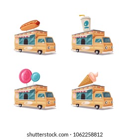 Set of retro street food vans. Vintage food and drink truck. Cartoon vector illustration.