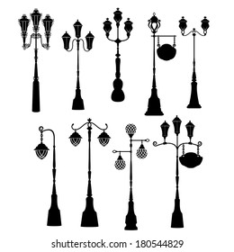 Set of retro street lanterns silhouettes 