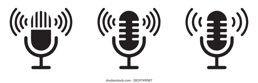 Set of retro studio microphone silhouettes displaying signal patterns for audio streaming and recording.