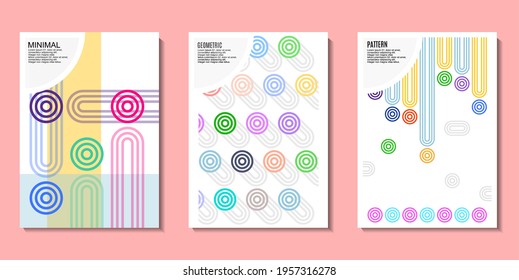 Set of Retro style abstract posters featuring colorful concentric circles, curved lines, and soft pastel tones on white backgrounds