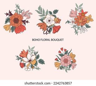Set of retro style boho flower bouquet. Colorful bright floral illustration for stationery, wedding invitation, greeting card, blog decoration.