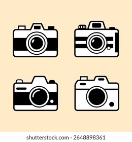 Conjunto de ícones de câmera estilo retro em preto e branco com detalhes clássicos, ideal para temas de fotografia, marca de passatempo ou layouts criativos vintage