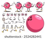 Set Of Retro Style Cartoon Bowling Ball Characters With Various Expressions And Poses, Facial Emojis And Accessories