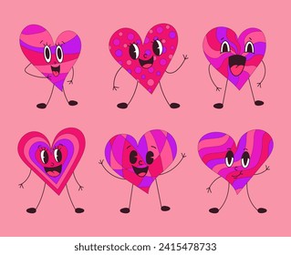 Set of retro style characters in the shape of hearts. Vector illustration