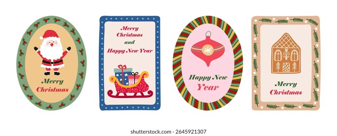 Conjunto de cartões de Natal ou Ano Novo estilo retro com Papai Noel, trenó de Natal, decoração de árvore de Natal e casa de gengibre. Vetor.