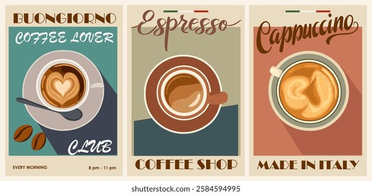 Set of retro style coffee posters with different type of coffee, espresso, americano, cappuccino. Coffee lover club, coffee shop sign template. Flat vector illustration