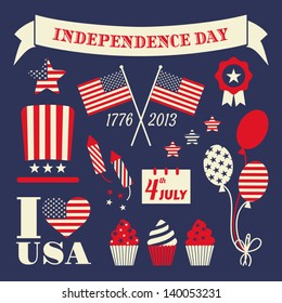 A set of retro style design elements for Independence Day in red, white and blue.