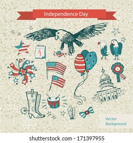 A set of retro style design elements for Independence Day in red, white and blue. Background with stars, salute, hat, drums, fireworks, the Day of Independence. Hand schedule. vector