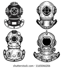 Set of retro style diver helmets. Design elements for logo, label, emblem, sign. Vector illustration