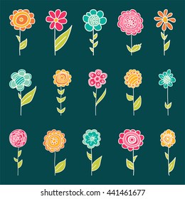 Set of retro style flowers in bright colors.Isolated on white for greeting cards, scrap booking.