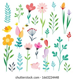 Set of retro style flowers, butterflies, birds and hearts in bright, pretty Spring colors. Cute spring garden and nature elements for girls, isolated on white for greeting cards, Easter, Mothers Day