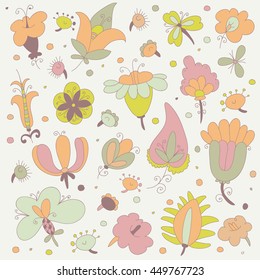 Set of retro style flowers and insects in bright colors. Includes caterpillar and butterfly. Isolated on white for greeting cards, Easter, thanksgiving, scrap booking.
