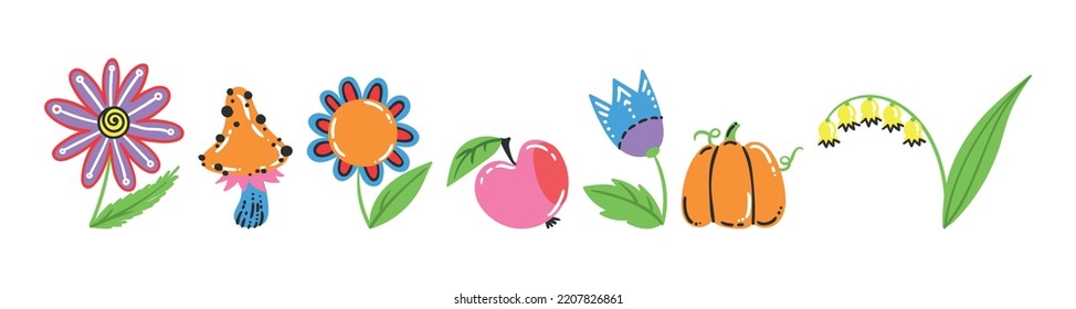 Set of retro style flowers, plants in bright, pretty Spring colors. Cute summer garden and nature elements for girls, isolated on white, Easter, Mothers Day. Vector