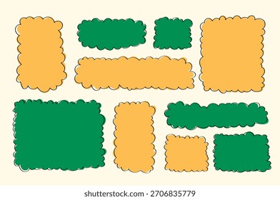 Set of retro style frame stickers in yellow and green, abstract wavy frames for scrapbooking, labels, journals, and printable planner pages.