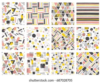 Set of retro style hand drawn seamless patterns. Trendy endless geometric backgrounds. Tiling repeat ink textures.