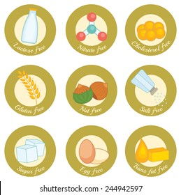 set of retro style icons concerning nutrition: lactose free, nitrate free, cholesterol free, gluten free, nut free, salt free, sugar free, egg free, trans fat free