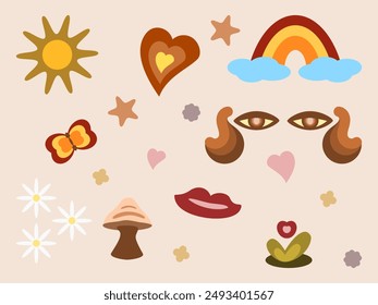 Set retro style illustrations warm brown orange colors. Flat cartoon drawings of simple elements: sun, heart, rainbow, eyes, mouth, mushroom, butterfly, garden flower and daisies.  Editable EPS vector