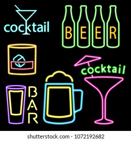 Set of retro style neon light icons for bar