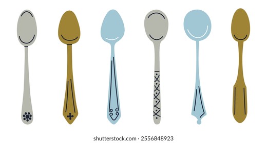 Set of retro style ornate teaspoons in blue, gray, and bronze metals with decorative patterns. Vintage cutlery collection for tea, coffee, cooking. Vector illustration in flat cartoon style