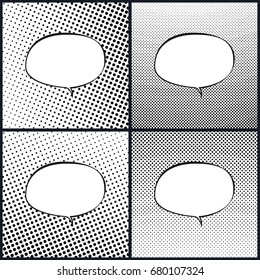 Set of Retro Style Oval Speech Bubble , Pop Art , White Background with Black Dots , Gradient from Bottom Left to Upper Right and Vice Versa, Gradient from the Top Down and Vice Versa, Vector 