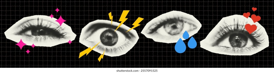 Set of retro style paper cut halftone eyes with different emotions. Angry look, with lightning bolts, in love with hearts, crying with tears 