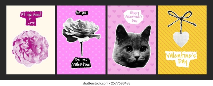 Set of retro style paper cut halftone Valentine's Day posters. Rose, cat, heart. Dotted pop art style.