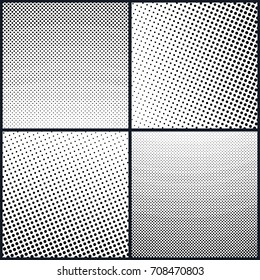 Set of Retro Style Pop Art , White Background with Black Dots , Gradient from Bottom Left to Upper Right and Vice Versa, Gradient from the Top Down and Contrariwise, Vector Illustration 