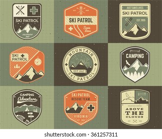 Set of Retro style Ski Club, Patrol Labels. Classic Mountain elements. Winter or summer camping explorer badges. Outdoor adventure logo design. Travel hipster insignia. Mountains icon symbol. Vector.