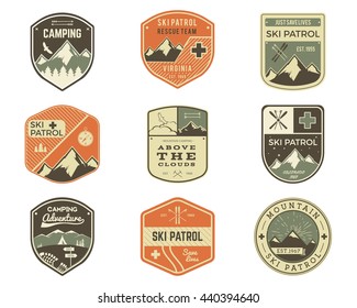 Set of Retro style Ski Club, Patrol Labels. Classic Mountain elements. Winter or summer camping explorer badges. Outdoor adventure logo design. Travel hipster insignia. Hiking patches. Vector