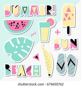 A set of retro style summer stickers in green, pink and yellow geometric background. Perfect for creating summer themed posters, advertising, wall art, t-shirt designs.