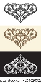 Set of retro style swirl decorative design elements. Vintage damask, baroque filigree wedding scroll ornaments. Engraving retro pattern. Vector illustration. For decoration, cards, invitation