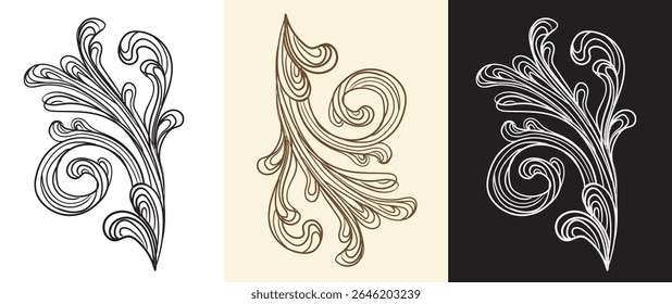 Set of retro style swirl design elements. Vintage decorative damask, baroque filigree scroll ornaments. Engraving retro pattern. Vector illustration. For decoration, cards, invitation, wedding