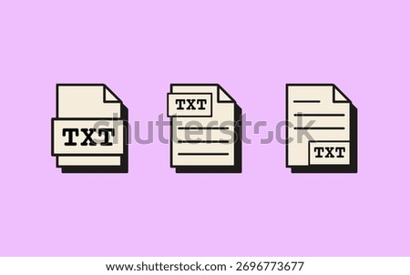 Set of retro style TXT file icons of plain text document formats with labels and minimal interface design. Flat Style Vector Illustration Isolated on background.