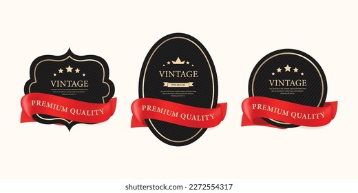 Set of Retro Styled Black Labels with Frames and red ribbon. Vector Classic luxury Isolated Decorative Tags.