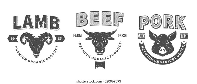 Set of retro styled butchery logo for groceries, meat stores, packaging and advertising.