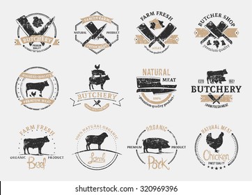 Set of retro styled butchery logo for groceries, meat stores, packaging and advertising.