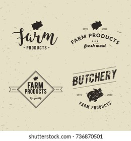 Set of retro styled butchery logo templates. Emblem of Butchery meat shop with Pig silhouette, text The Butchery, Fresh Meat, farm products. Farmer shop, market, restaurant or design banner, sticker