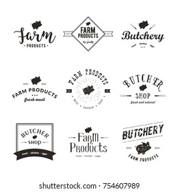 Set of retro styled butchery logo templates. Emblem of Butchery meat shop with Pig silhouette, text The Butchery, Fresh Meat, farm products. Farmer shop, market, restaurant or design banner, sticker