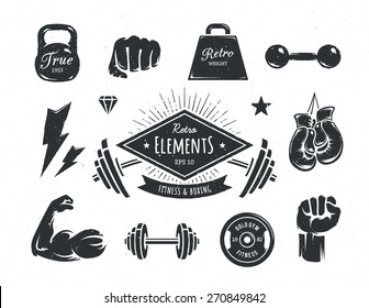 Set of retro styled fitness design elements. Vintage gym and boxing attributes. Vector illustrations.