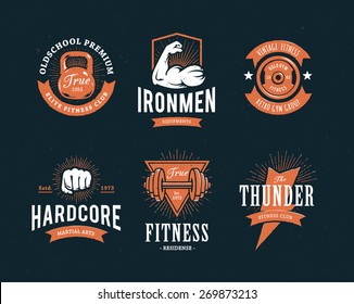 Set Of Retro Styled Fitness Emblems. Vintage Gym Logo Templates. Vector Illustrations.