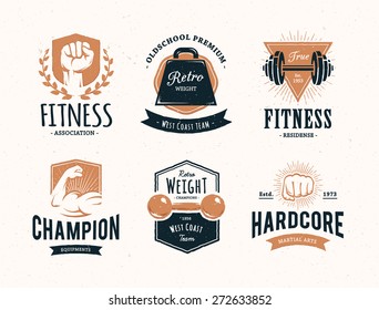 Set Of Retro Styled Fitness Emblems. Vintage Gym Logo Templates. Vector Illustrations.