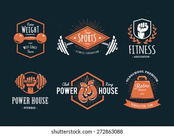 Set of retro styled fitness emblems. Vintage gym logo templates. Vector illustrations.