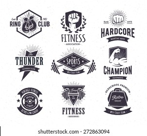 Set Of Retro Styled Fitness Emblems. Vintage Gym Logo Templates. Vector Illustrations.