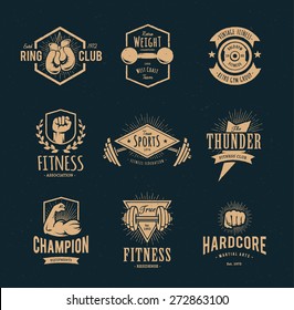 Set of retro styled fitness emblems. Vintage gym logo templates. Vector illustrations.