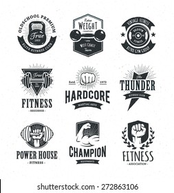 Set Of Retro Styled Fitness Emblems. Vintage Gym Logo Templates. Vector Illustrations.